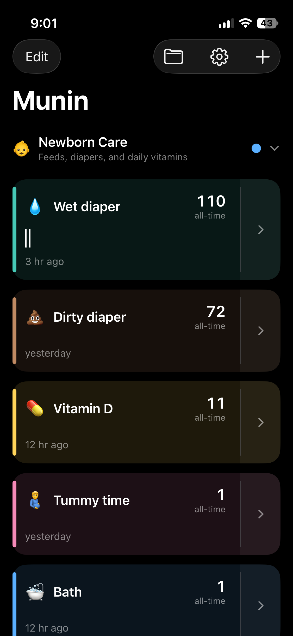 Munin home screen with a Newborn Care group — feeds, diapers and vitamins shown as tally marks