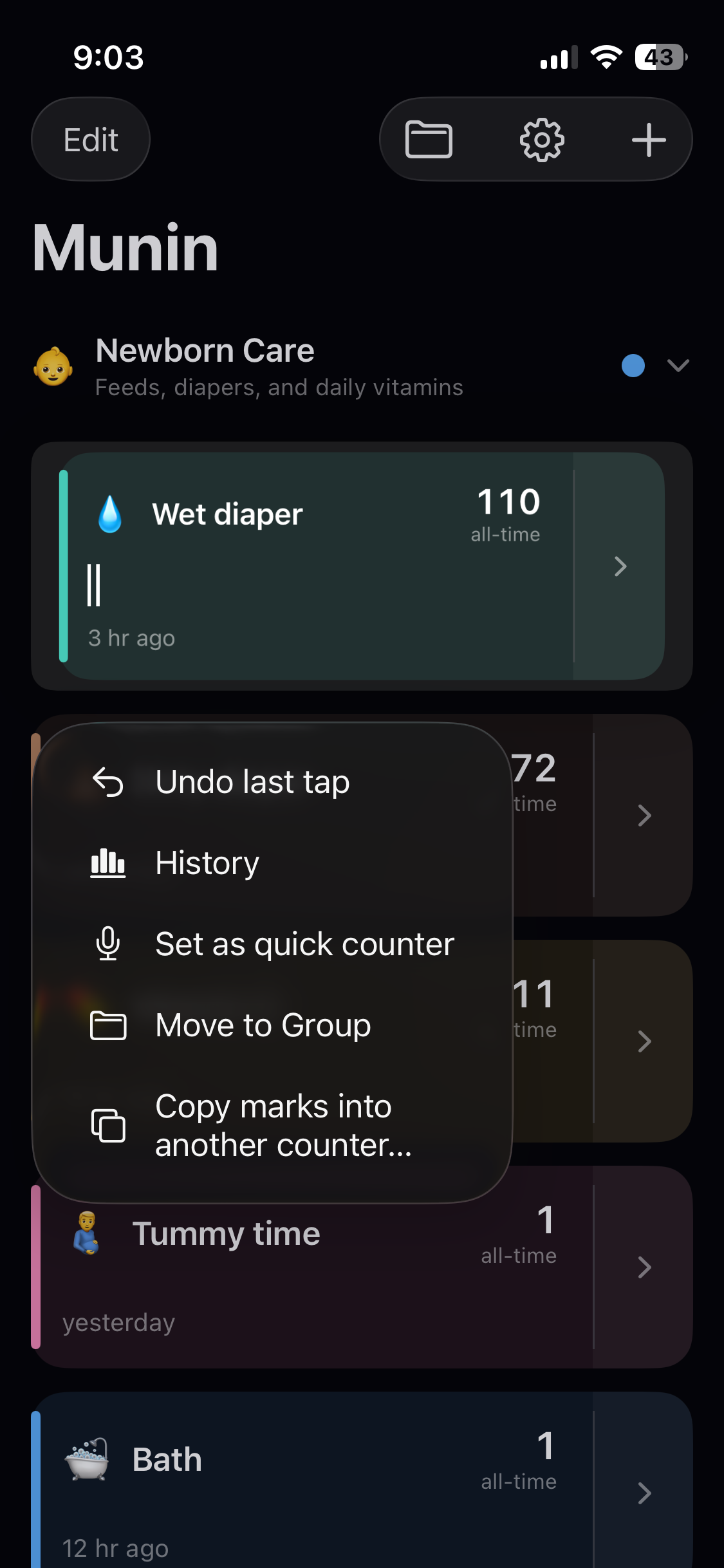 Munin counter menu — move to group, copy marks into another counter, undo, and history