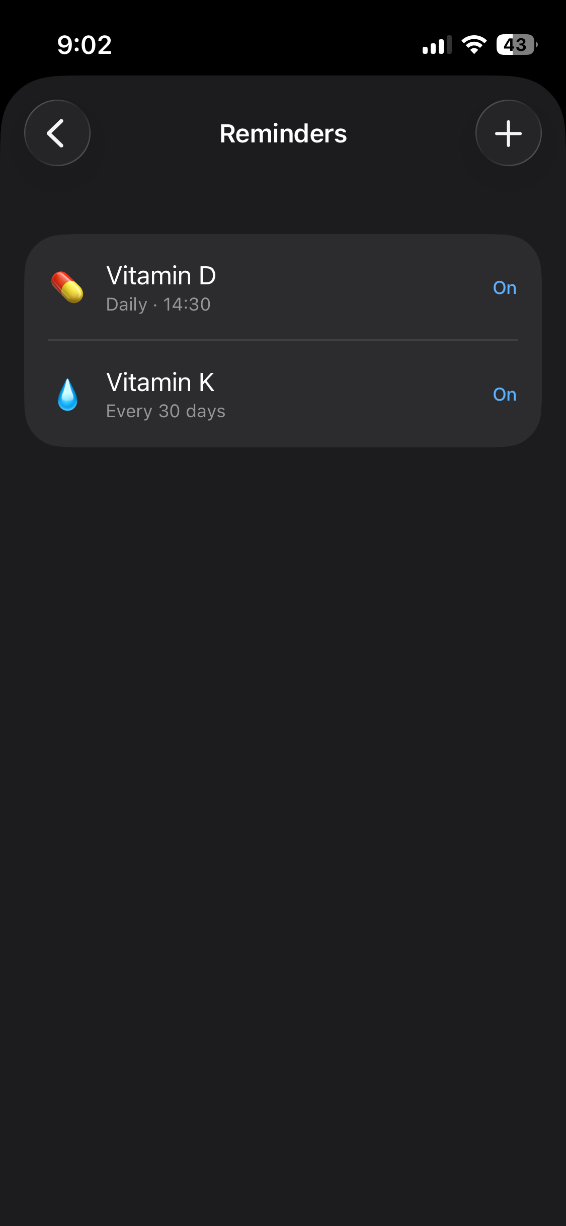 Munin reminders screen with a daily vitamin reminder and a recurring one