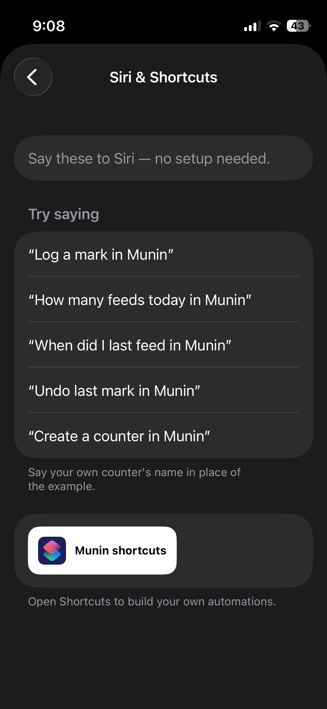 Munin Siri and Shortcuts screen listing spoken phrases like 'Log a mark in Munin'