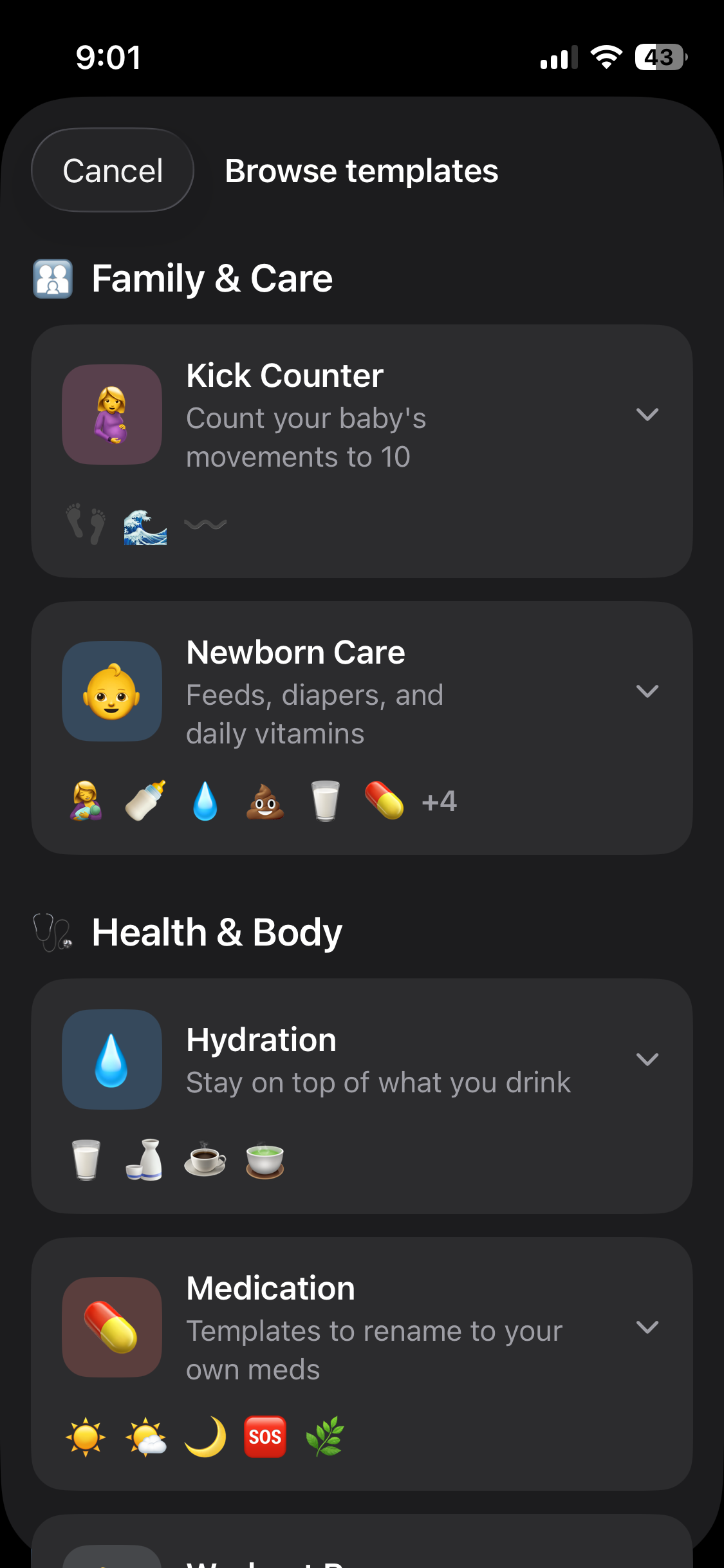 Munin template gallery with ready-made counter packs — Newborn Care, Hydration, Medication and more